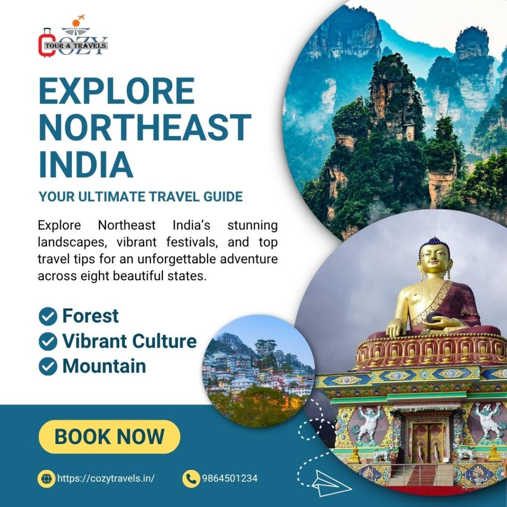 Northeast India tourism showcasing lush forests, majestic mountains, and vibrant culture